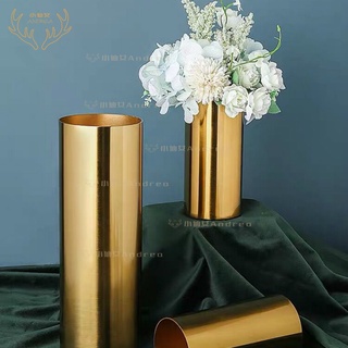 御納 歐式圓筒金屬電鍍花瓶擺件客廳樣板房金色鐵藝插花器輕奢軟裝飾品