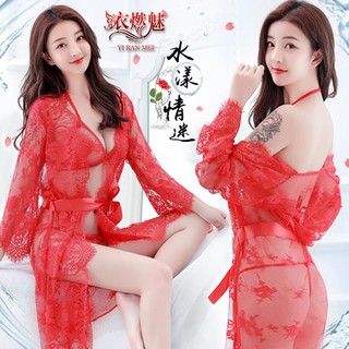 細膩蕾絲輕透裸肌三點式睡袍組｜情趣內衣 情趣睡衣 性感睡衣 睡衣女 蕾絲睡衣 薄紗睡衣 網紗睡衣 情趣衣服 性感內衣