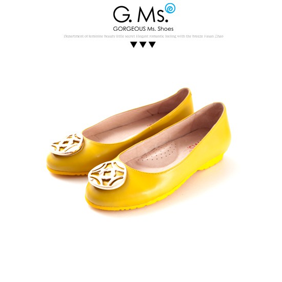 G.Ms. 金屬圓釦全真皮微坡跟娃娃鞋- 黃色36碼