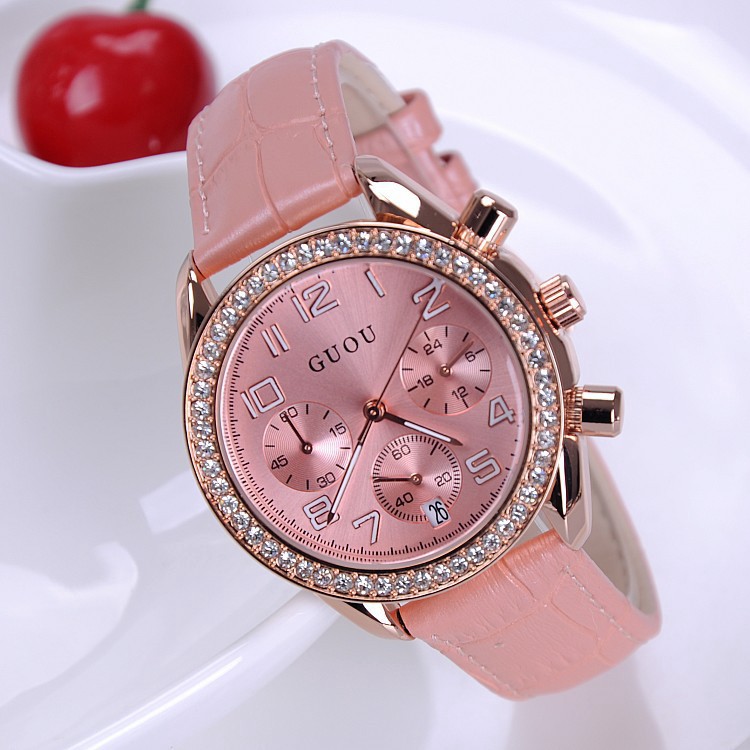 GUOU 六針8103  古歐皮帶表日歷水鑽耐用時尚個性女士 針多功能玫瑰金 鑲鑽手表