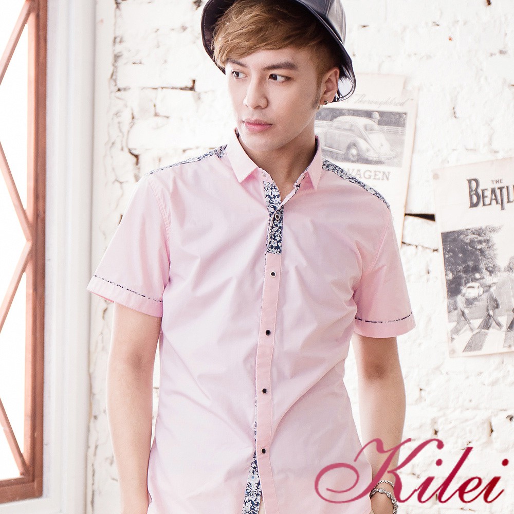 【Kilei】魅力撞色印花短袖襯衫XA1466(印花粉)賠售特價
