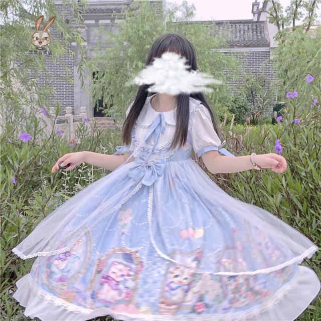 ✁【免運】二次元 cospaly 廠原創設計日系夢幻貓咪洋裝短袖op連衣裙女