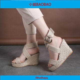 大尺碼35-43👠👠大碼涼鞋女2021年夏季時尚新款波西米亞風麻編織坡跟羅馬女鞋舒適職業OL女鞋/小誠BAOBAO