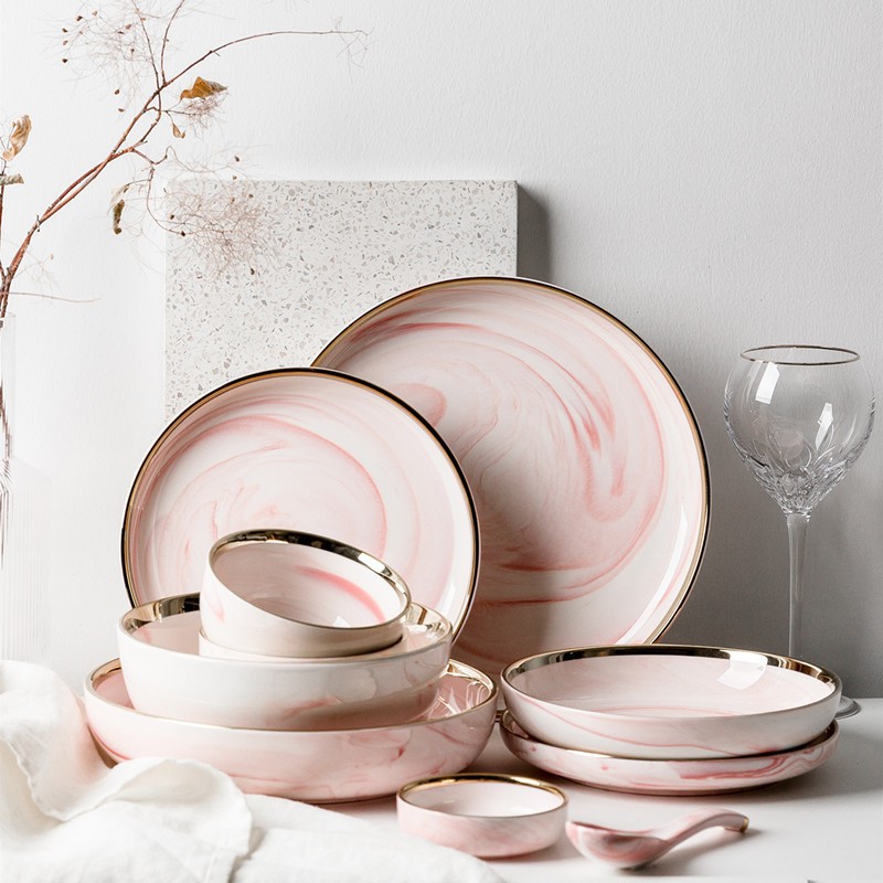北歐輕奢金邊粉色大理石紋陶瓷餐具 碗盤家用菜盤飯碗湯碗勺**預購