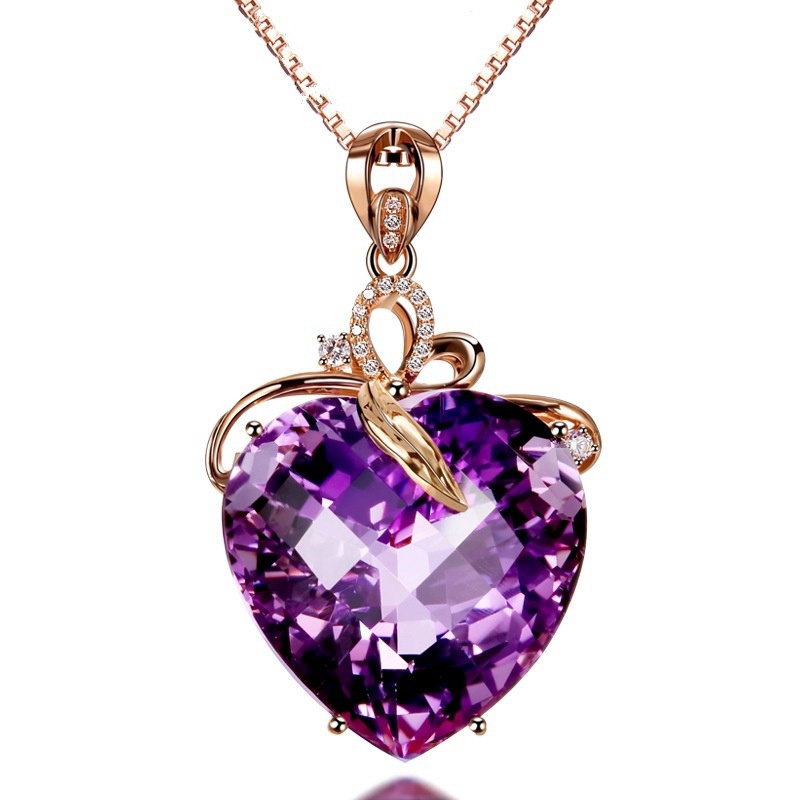 女士奢華心形紫水晶吊墜 18K 金彩色寶石天然紫水晶項鍊