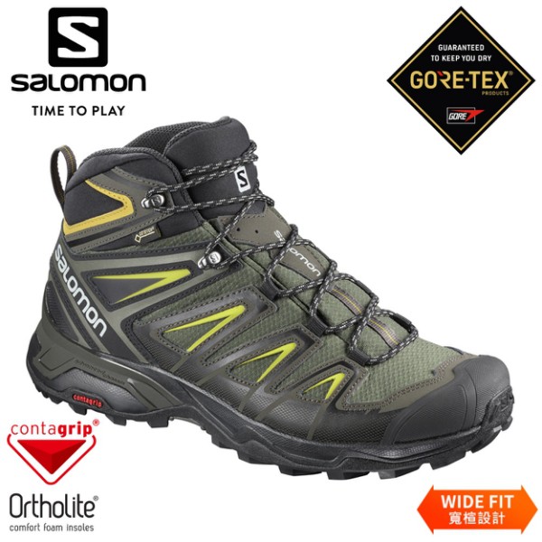 【SALOMON 索羅門 男 X ULTRA 3 GTX中筒登山鞋WIDE《灰綠/黑/硫綠》】401295/防/悠遊山水