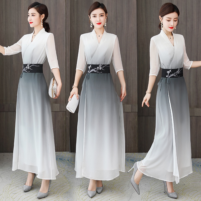 漢服改良中國風長裙中式茶服斜襟緊身長款漸變色真絲桑蠶絲洋裝