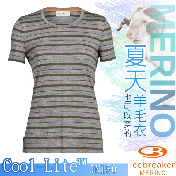 【紐西蘭 Icebreaker】女款羊毛圓領短袖休閒排汗衣Wave COOL-LITE/灰/橄欖綠條紋_IB0A56DJ