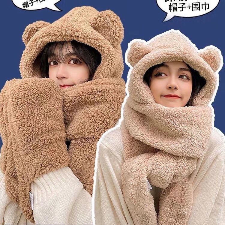可愛一件式圍巾小熊同款保暖毛絨帽子女韓版 百搭耳朵冬季連帽