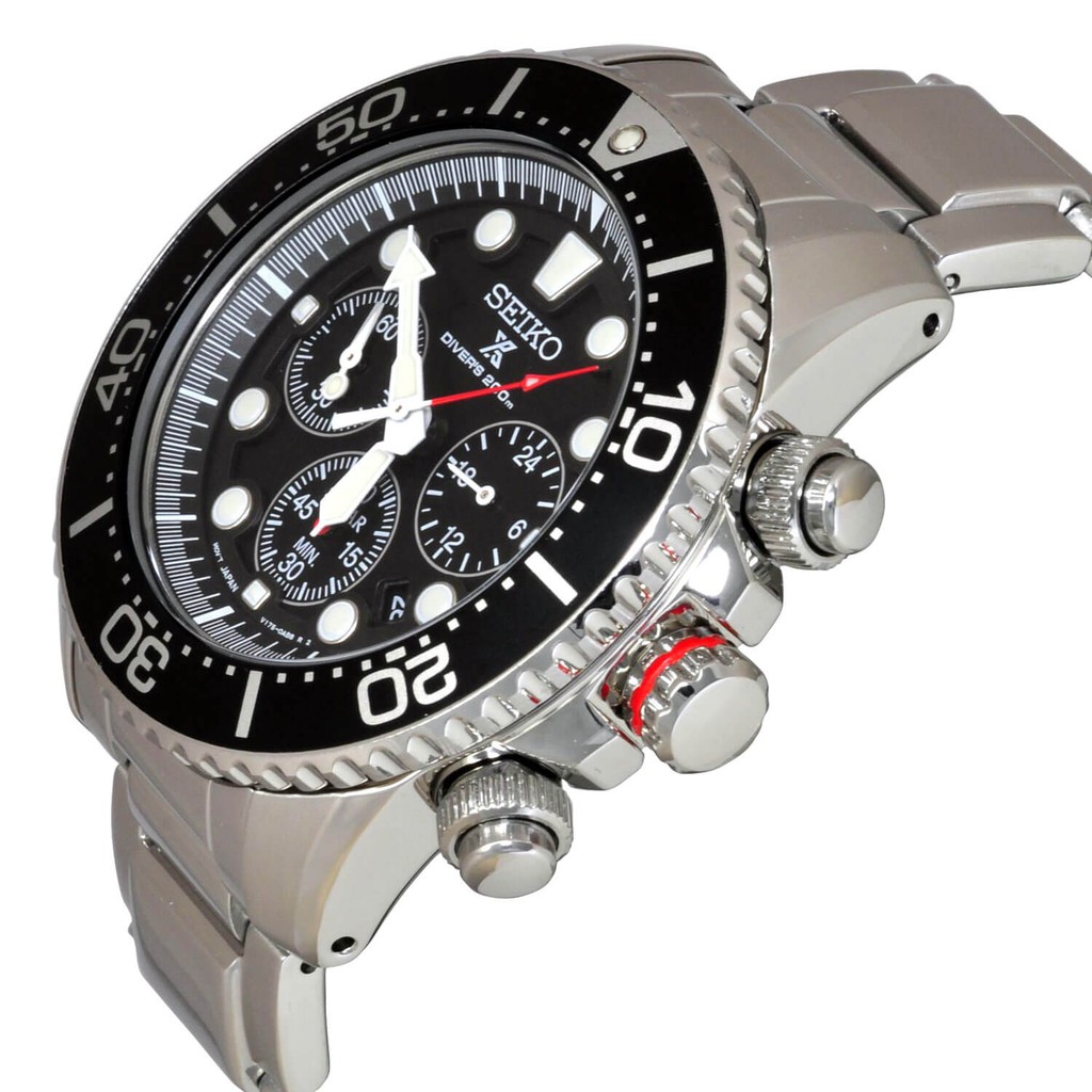 【金台鐘錶】SEIKO 精工 DIVERS 光動能三眼計時 鋼帶潛水錶-黑  SSC015  SSC015P1