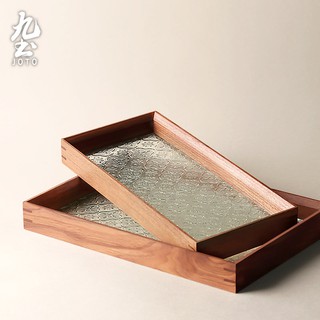 九土日式復古實木玻璃茶盤創意胡桃木託盤復古海棠花玻璃果盤收納盤仿古窗花茶盤復古茶托茶道配件中式茶托家用茶盤HPR0046