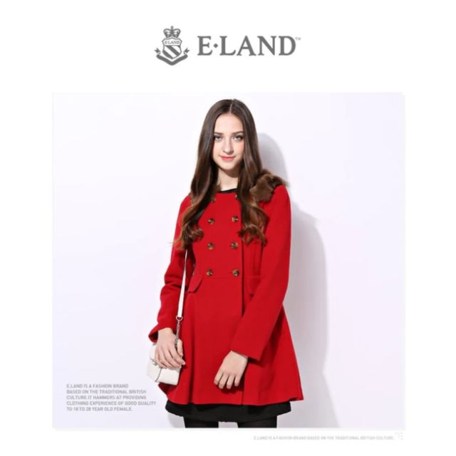 韓國品牌E-LAND冬款淑女毛領雙排釦毛呢外套大衣