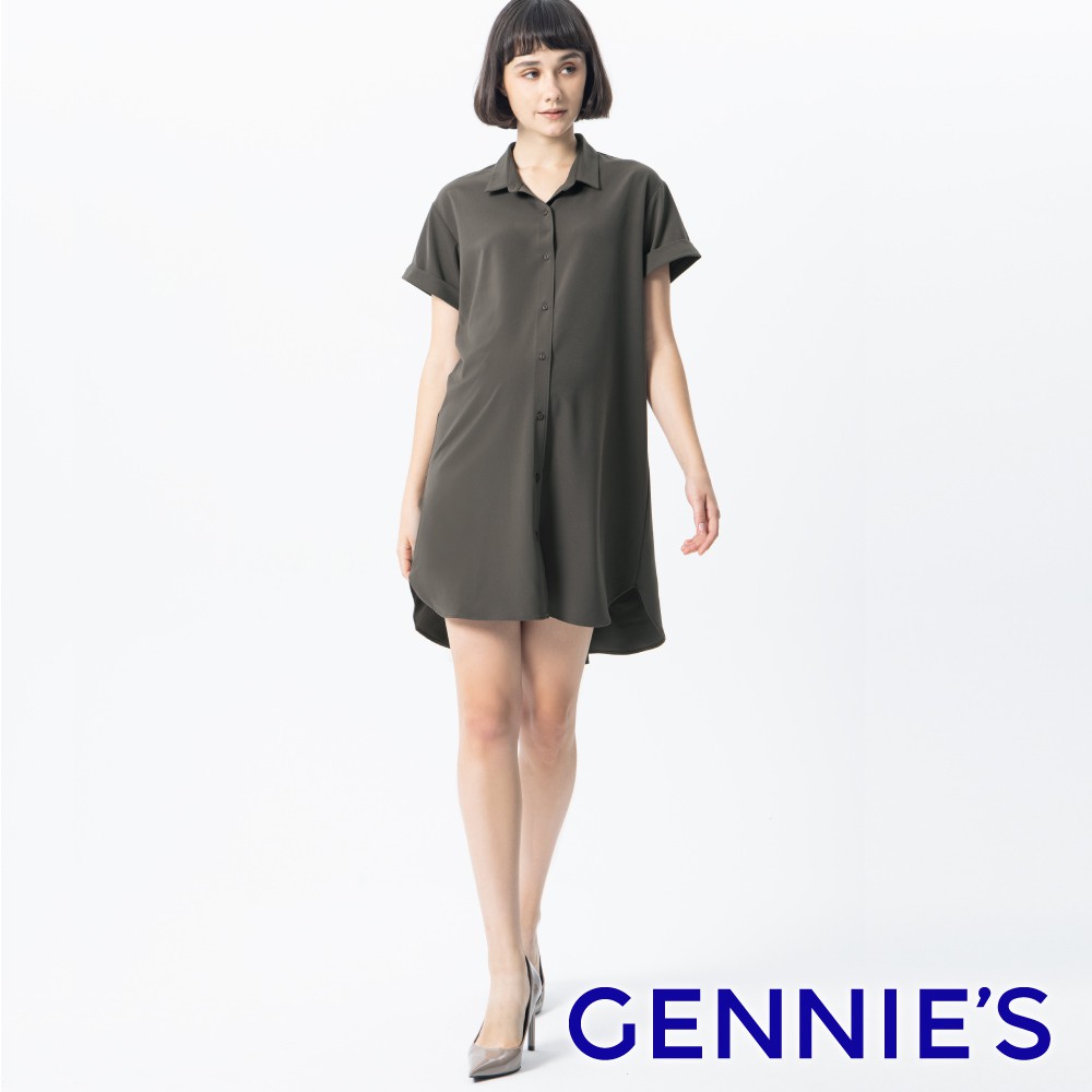 【Gennies 奇妮】襯衫領率性孕婦洋裝-咖(T1L14)