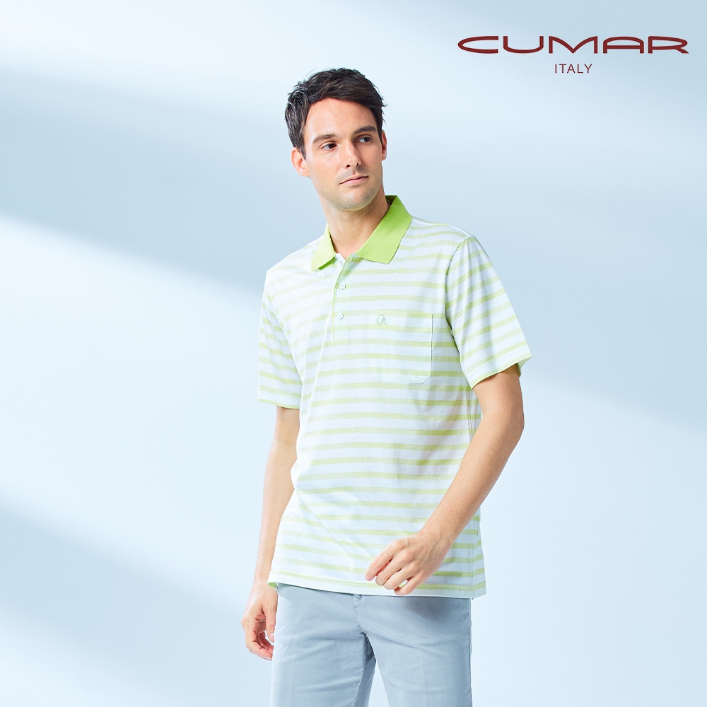 【CUMAR】男裝短袖雙絲光棉冰涼沙條紋POLO衫 178202-31果綠
