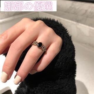 【娜娜の優選】S925純銀黑寶石鑲嵌鑽石戒指女復古高貴典雅氣質百搭可調節指環