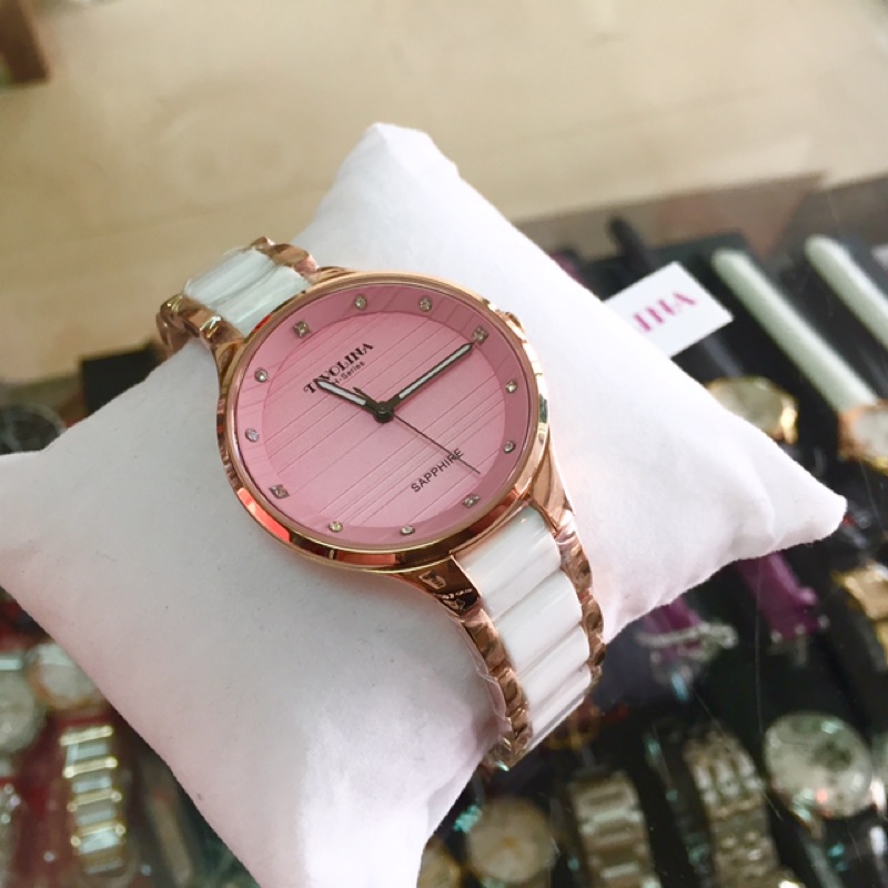 日本 TIVOLINA 高帽子 藍寶石水晶玻璃 玫瑰金 粉紅色面盤 陶瓷 不鏽鋼 錶帶 女錶 石英錶 MAT3756PP