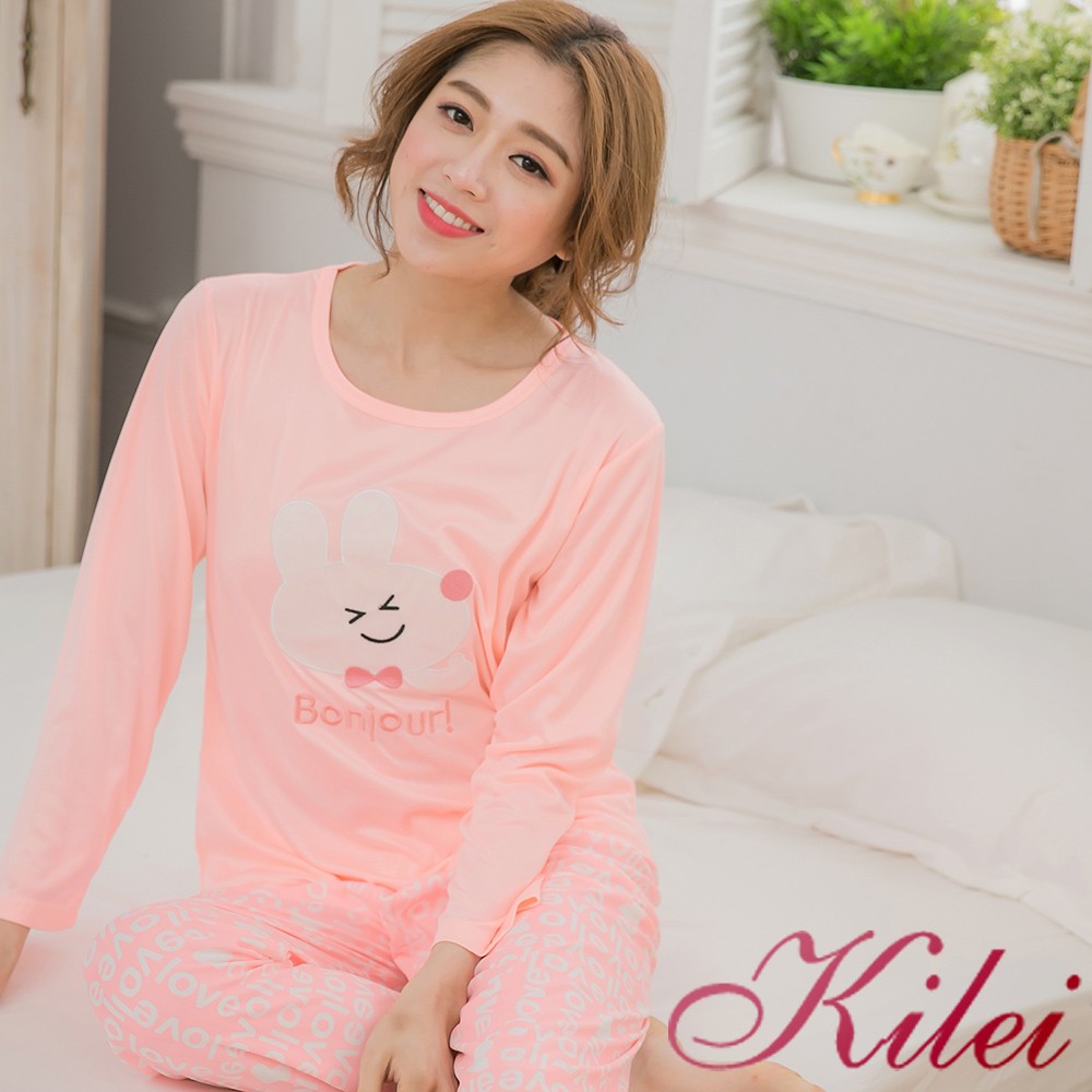 【Kilei】牛奶絲英字貼布兔兔長袖二件式睡衣組XA3055-01(浪漫淺桔)全尺碼
