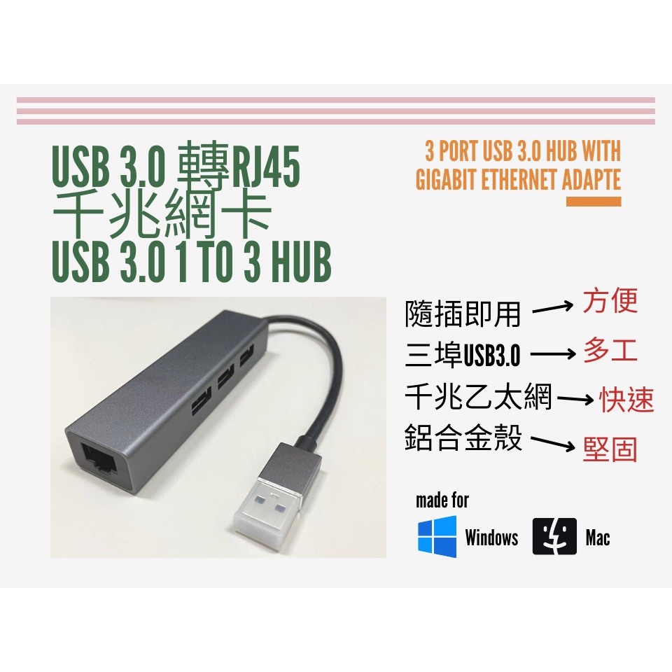 『現貨』USB 3.0 轉RJ45 千兆網卡 USB 3.0 1 to 3 HUB(含稅)