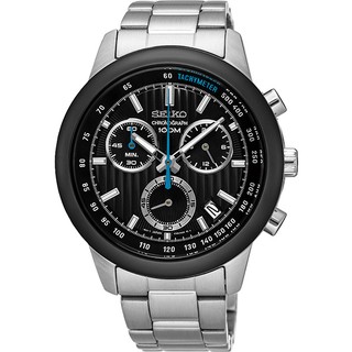 SEIKO WATCH 精工時尚 三眼計時黑面鋼帶石英腕錶 型號：SSB217P1