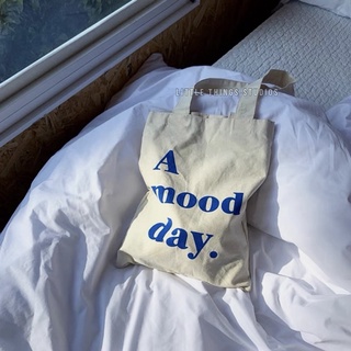 現貨☁️一整天的好心情💙 A mood day 輕便 棉布袋 購物袋 肩背 手提 布包 男 女 藍色 英文 語錄 帆布袋