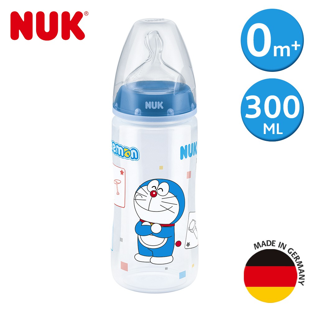 德國NUK-哆啦A夢寬口PP奶瓶300ml-附1號中圓洞矽膠奶嘴0m+