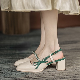 新款春季蝴蝶結珍珠方頭高跟鞋瑪麗珍粗跟涼鞋