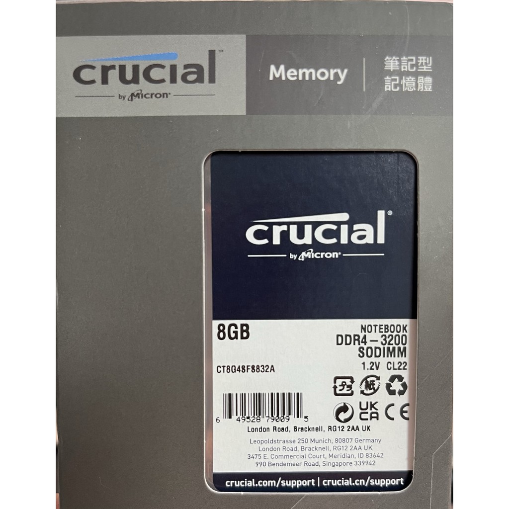 美光 Micron Crucial NB DDR4 3200 8G 筆記型 RAM 原生顆粒  通用型(僅拆封未使用)