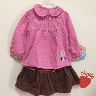 GYMBOREE粉紅直絨可愛松鼠繡花貼布/長袖上衣蛋糕裙套裝/3T