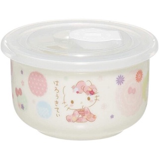 日本進口 凱蒂貓 Kitty 陶瓷微波保鮮碗附蓋 380ml 和服款 陶瓷保鮮盒 便當盒 沙拉碗 食物盒 可微波