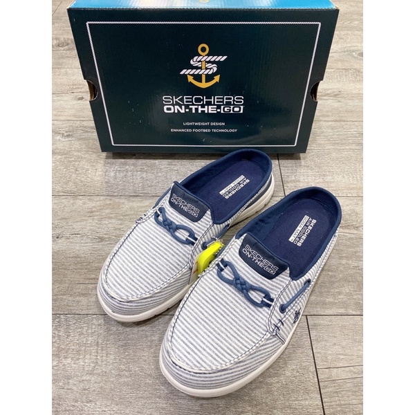 SKECHERS-136497BLW 現貨 預訂 免綁帶 直接套 休閒鞋 健走鞋 瑜珈墊 娃娃鞋 前包後空 帆布 涼拖鞋