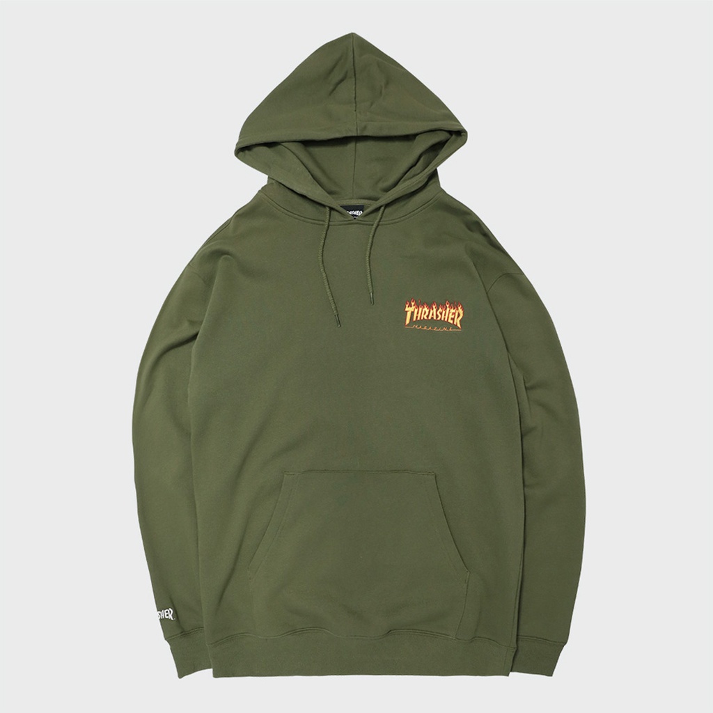 【QUEST】現貨 日線 THRASHER EMBROIDERED FLAME HOODIE 電繡 寬鬆 帽T 綠色