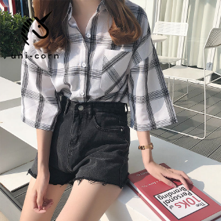 2019新款格子短袖襯衫女夏學生韓版寬鬆小清新上衣港味女裝襯衣潮