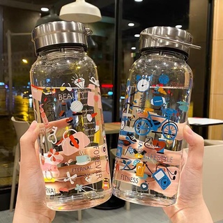 大容量塗鴉玻璃水杯 可愛韓系手提水杯 刻度玻璃杯 過濾泡茶杯學生男女