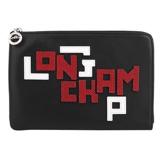 LONGCHAMP- 紅白字母 logo皮革 mini i pad套(黑)