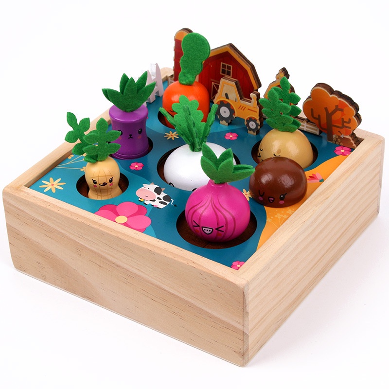 兒童木製益智玩具 寶寶啟蒙玩具 早教木質積木 趣味仿真拔蘿蔔 1-2-3週歲積木