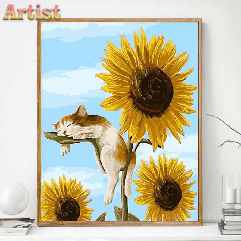 Artist DIY數字油畫 躺在向日葵上的貓咪（40X50CM帶框）按數字畫 油畫 手工畫 裝飾畫 數字繪畫
