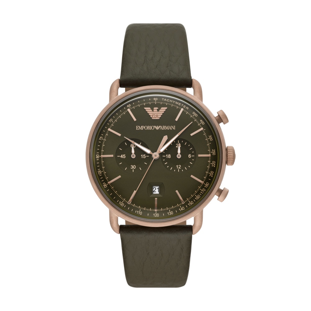 EMPORIO ARMANI經典計時綠面皮帶腕錶43mm(AR11421)