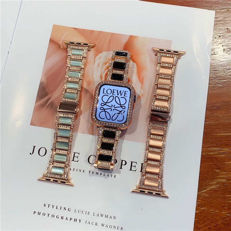 適用蘋果手錶iwatch S9 8 7 6金屬貓眼石錶帶 鑲鑽不鏽鋼手錶帶 applewatch 鑲鑽女士錶帶