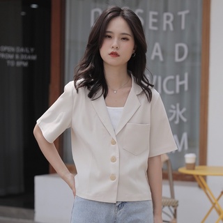 【遇見】白色 短袖西裝外套 韓版 夏季 百搭 港風 外穿 氣質西裝 時尚韓版 短版 短袖外套