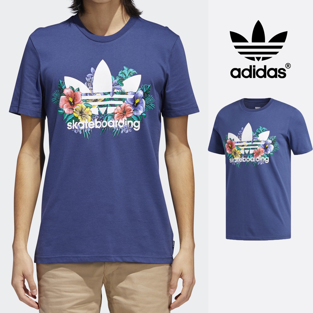 Adidas 藍 短袖T恤 運動 休閒 純棉 花卉 短T 基本款 Logo CF3112