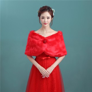 凡妮莎-豪華版紅色珍珠球款毛披肩-秋冬新娘披肩.結婚.婚紗禮服