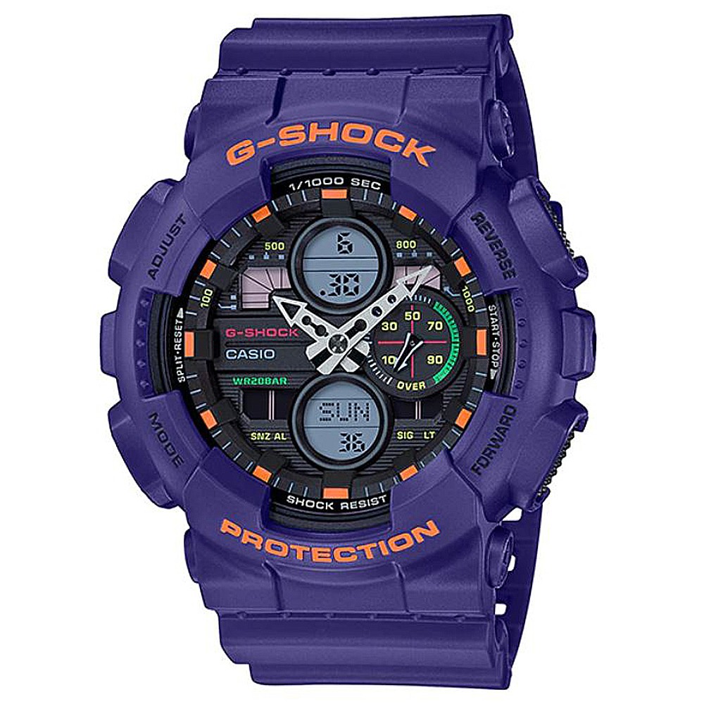 【CASIO】G-SHOCK 復古音響概念防磁三眼三圈大錶徑雙顯錶-紫(GA-140-6A)