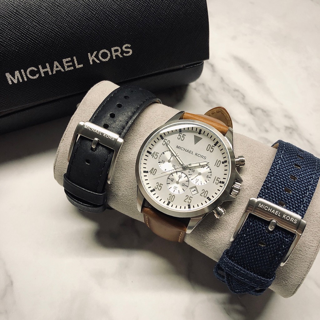 美國百分百【全新真品】Michael Kors 手錶 三眼 計時 腕錶 MK 男錶 可換錶帶 小牛真皮 卡其色 J797