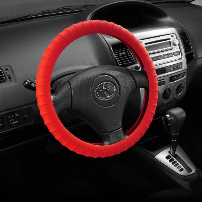 汽車方向盤矽膠套-【紅色】 可伸縮 方向盤套 方向盤皮套【愛艷車】