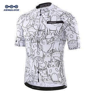 KEMALOCE 透氣騎行服白色卡通貓男士自行車騎行服團隊公路自行車穿襯衫
