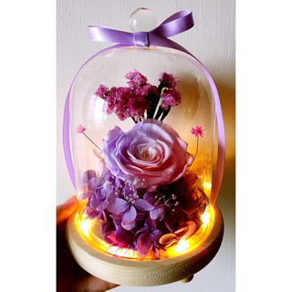 ~*Serena House*~不凋花永生花 電影永生花 耶誕節禮物 紫粉漸層玫瑰繡球不凋花暖夜燈玻璃盅 婚禮 生日禮物