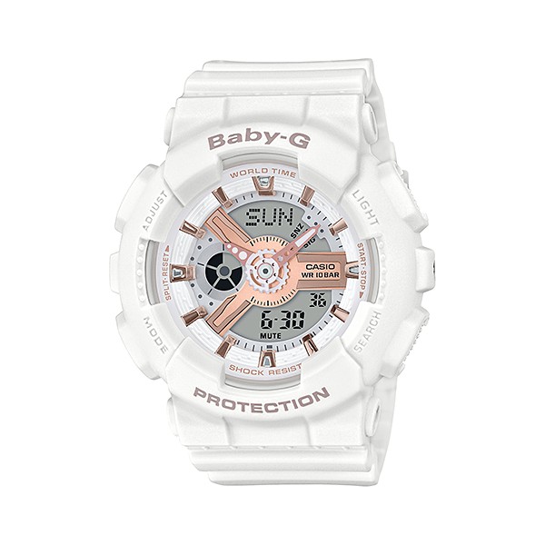 BABY-G熱銷系列款柔美氣質防水100米雙顯電子錶（經典白X玫瑰金）_ BA-110RG-7A