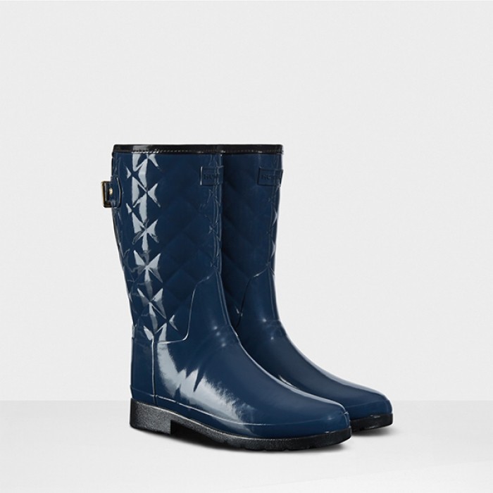 HUNTER雨靴雨鞋❤ 【深藍色 】 窄版內裡拼接手縫菱格壓紋襯布中筒靴❤