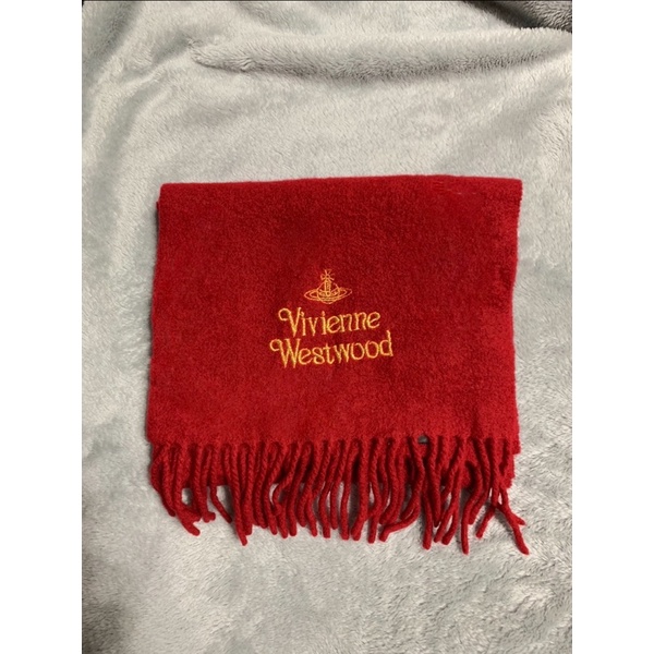 Vivienne Westwood 紅色羊毛 金色繡字圍巾