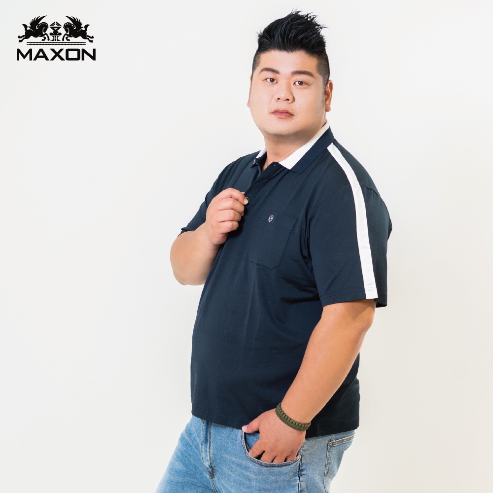 【MAXON大尺碼】台灣製深藍肩剪接排汗彈性口袋POLO衫XL~4L 加大尺碼  免運91775-58